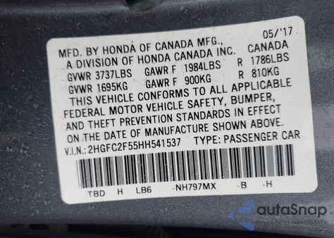 2017 Honda Civic Lx z USA, uszkodzony, nr VIN 2HGFC2F55HH541537